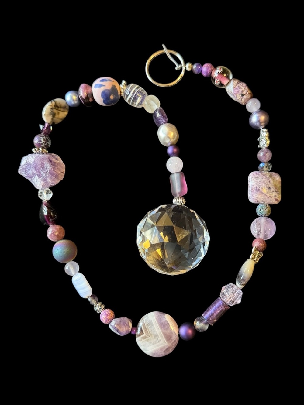 Hanging Purple Beads with Faceted Crystal Ball
